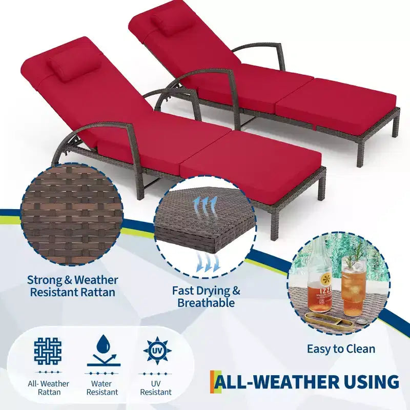 Set of 2 Patio Chaise Lounges,5-Position Adjustable PE Rattan Recliner with Armrests&Cushions,Collapsible Sun Lounger Chairs for Poolside,Deck,Garden
