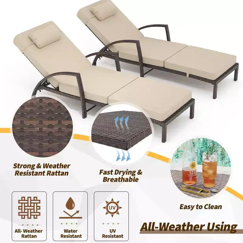 Set of 2 Patio Chaise Lounges,5-Position Adjustable PE Rattan Recliner with Armrests&Cushions,Collapsible Sun Lounger Chairs for Poolside,Deck,Garden