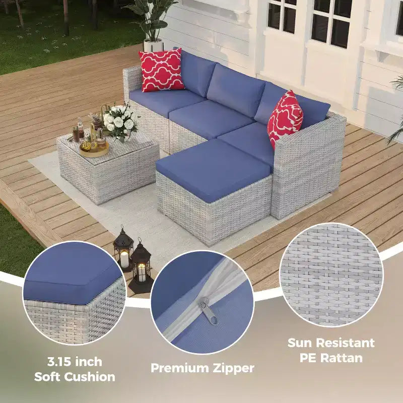 Set di divani a sezione da esterno in rattan PE a 5 pezzi, resistente a tutte le stagioni con tavolino in vetro e cuscino lavabile per cortile, ponte piscina