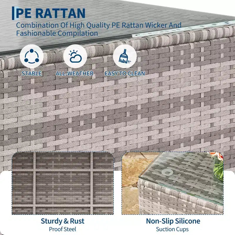 Set di divani a sezione da esterno in rattan PE a 5 pezzi, resistente a tutte le stagioni con tavolino in vetro e cuscino lavabile per cortile, ponte piscina