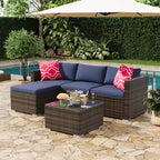 Set di divani a sezione da esterno in rattan PE a 5 pezzi, resistente a tutte le stagioni con tavolino in vetro e cuscino lavabile per cortile, ponte piscina