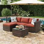 Set di divani a sezione da esterno in rattan PE a 5 pezzi, resistente a tutte le stagioni con tavolino in vetro e cuscino lavabile per cortile, ponte piscina