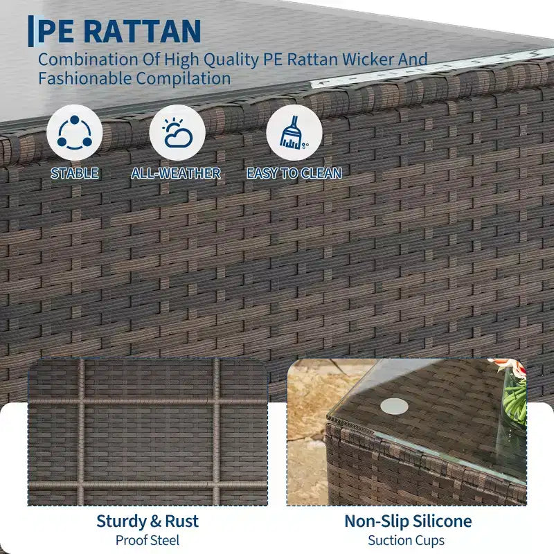 Set di divani a sezione da esterno in rattan PE a 5 pezzi, resistente a tutte le stagioni con tavolino in vetro e cuscino lavabile per cortile, ponte piscina