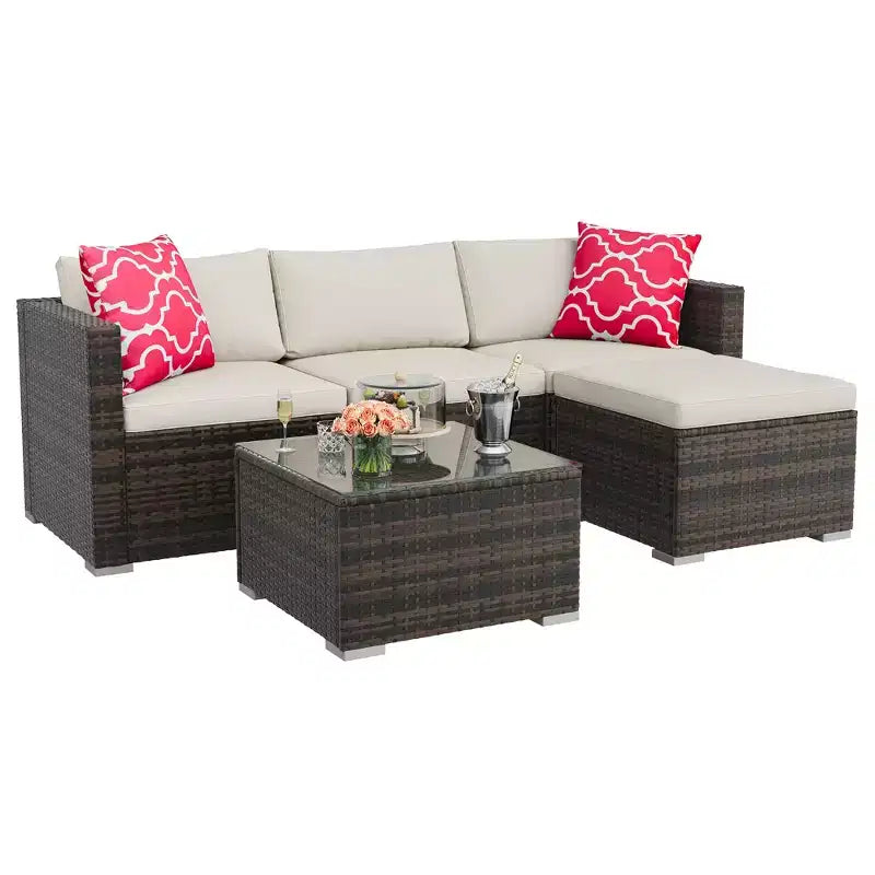 5-Piece Outdoor PE Rattan Patio Sectional Sofa Chair Set,All-Weather Weatherproof with Glass Coffee Table&Washable Cushion for Backyard Deck Poolside