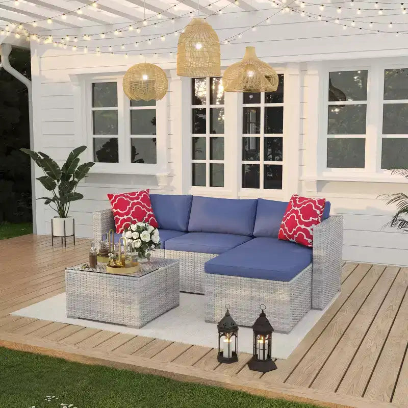 Set di divani a sezione da esterno in rattan PE a 5 pezzi, resistente a tutte le stagioni con tavolino in vetro e cuscino lavabile per cortile, ponte piscina