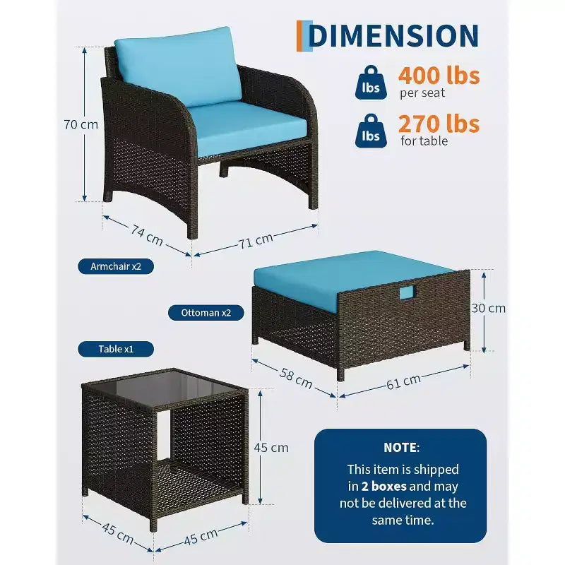 Set di mobili da giardino da 5 pezzi, set da salotto per esterni in vimini di rattan PE con pouf e tavolino da caffè, mobili da conversazione per tutte le stagioni per balcone da giardino