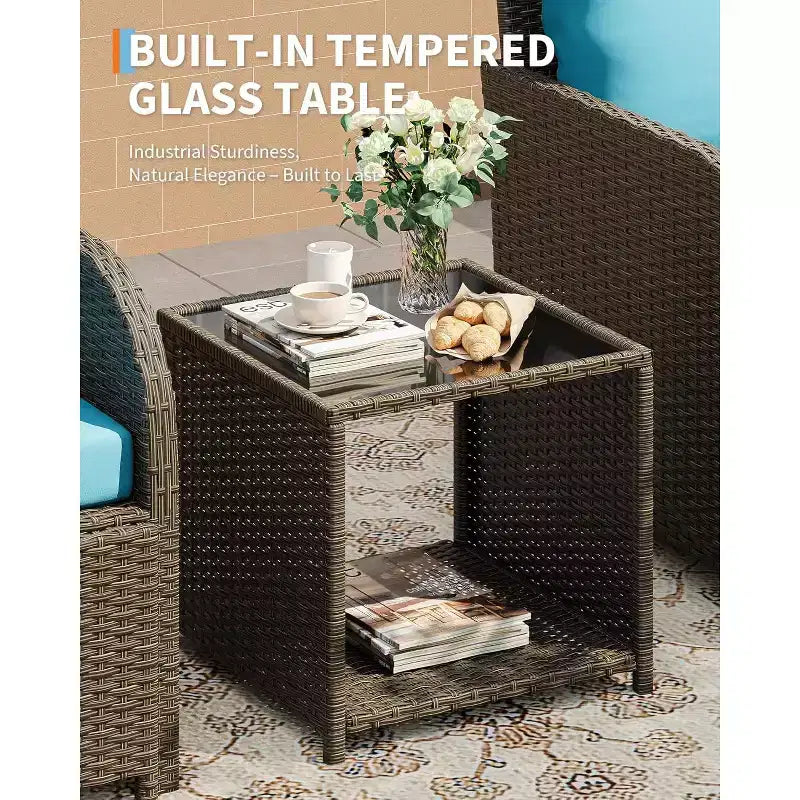 Set di mobili da giardino da 5 pezzi, set da salotto per esterni in vimini di rattan PE con pouf e tavolino da caffè, mobili da conversazione per tutte le stagioni per balcone da giardino