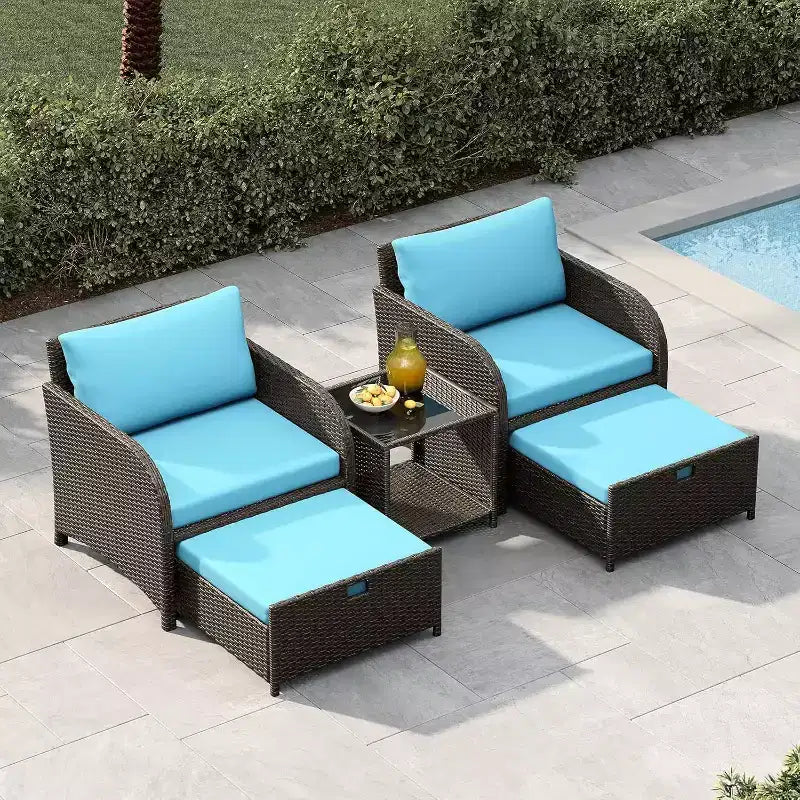 Set di mobili da giardino da 5 pezzi, set da salotto per esterni in vimini di rattan PE con pouf e tavolino da caffè, mobili da conversazione per tutte le stagioni per balcone da giardino