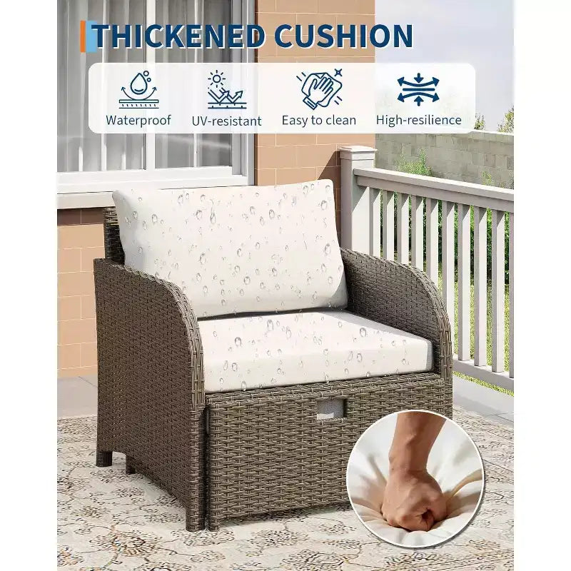 Set di mobili da giardino da 5 pezzi, set da salotto per esterni in vimini di rattan PE con pouf e tavolino da caffè, mobili da conversazione per tutte le stagioni per balcone da giardino