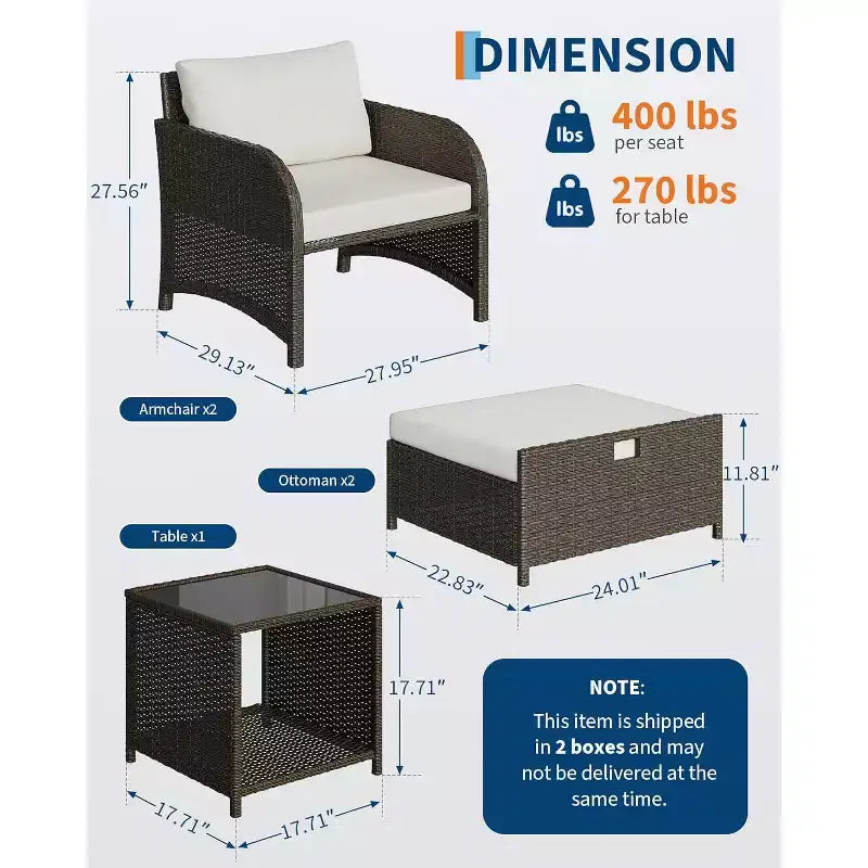 Set di mobili da giardino da 5 pezzi, set da salotto per esterni in vimini di rattan PE con pouf e tavolino da caffè, mobili da conversazione per tutte le stagioni per balcone da giardino