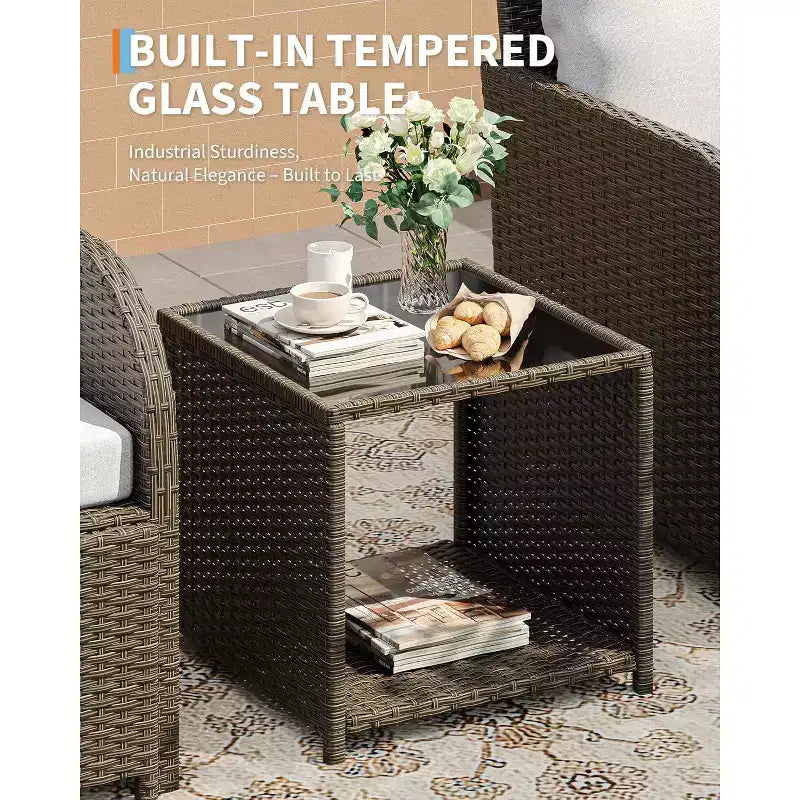 Set di mobili da giardino da 5 pezzi, set da salotto per esterni in vimini di rattan PE con pouf e tavolino da caffè, mobili da conversazione per tutte le stagioni per balcone da giardino