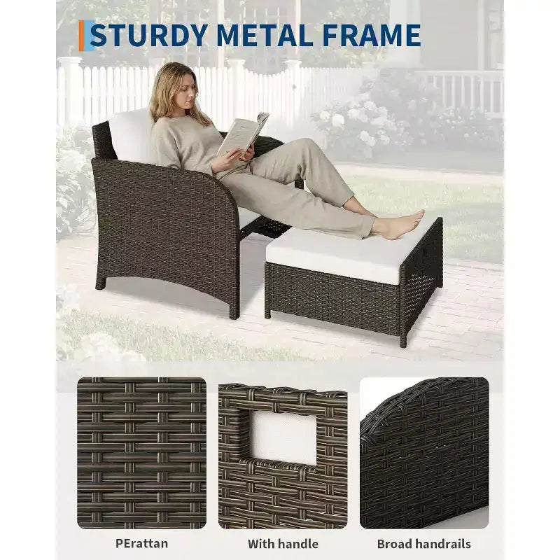 Set di mobili da giardino da 5 pezzi, set da salotto per esterni in vimini di rattan PE con pouf e tavolino da caffè, mobili da conversazione per tutte le stagioni per balcone da giardino