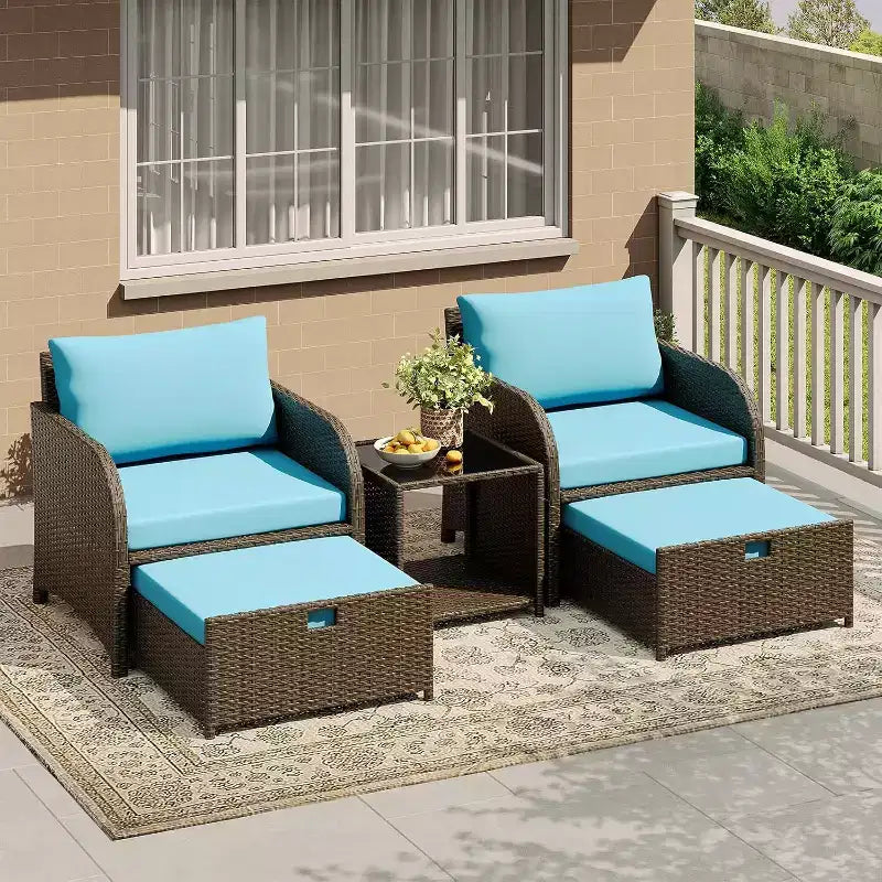 Set di mobili da giardino da 5 pezzi, set da salotto per esterni in vimini di rattan PE con pouf e tavolino da caffè, mobili da conversazione per tutte le stagioni per balcone da giardino