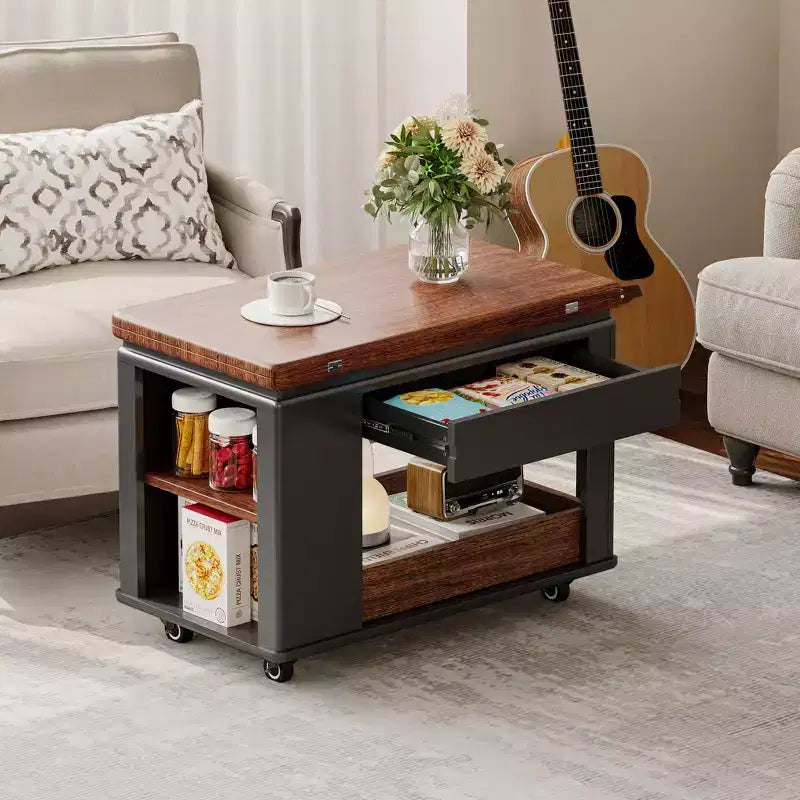 JVNOXK Tavolino da caffè/tavolino laterale moderno multi-funzione da 70 cm con piano pieghevole e rotelle, contenitore multi-livello, Nero e Noce