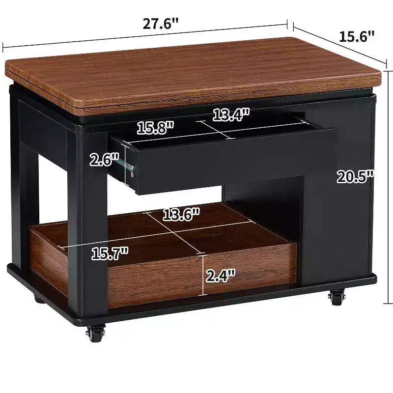 JVNOXK Tavolino da caffè/tavolino laterale moderno multi-funzione da 70 cm con piano pieghevole e rotelle, contenitore multi-livello, Nero e Noce