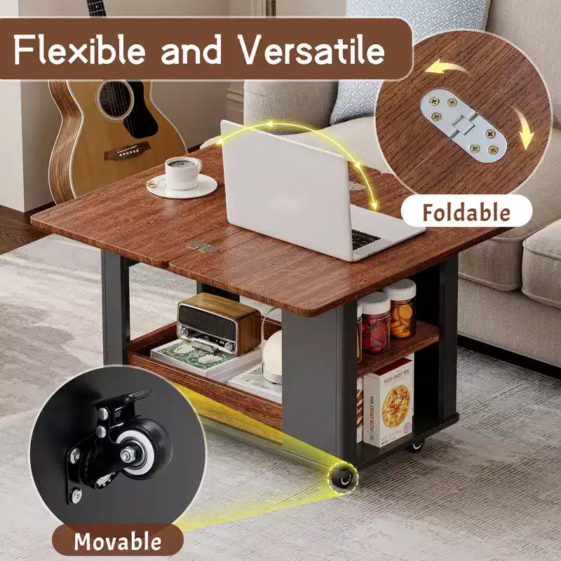 JVNOXK Tavolino da caffè/tavolino laterale moderno multi-funzione da 70 cm con piano pieghevole e rotelle, contenitore multi-livello, Nero e Noce