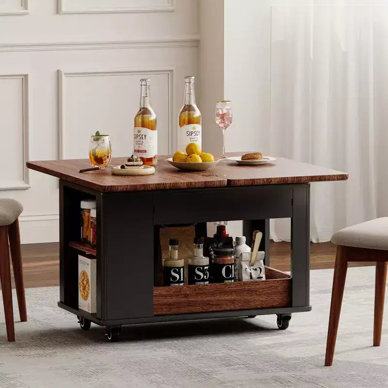 JVNOXK Tavolino da caffè/tavolino laterale moderno multi-funzione da 70 cm con piano pieghevole e rotelle, contenitore multi-livello, Nero e Noce
