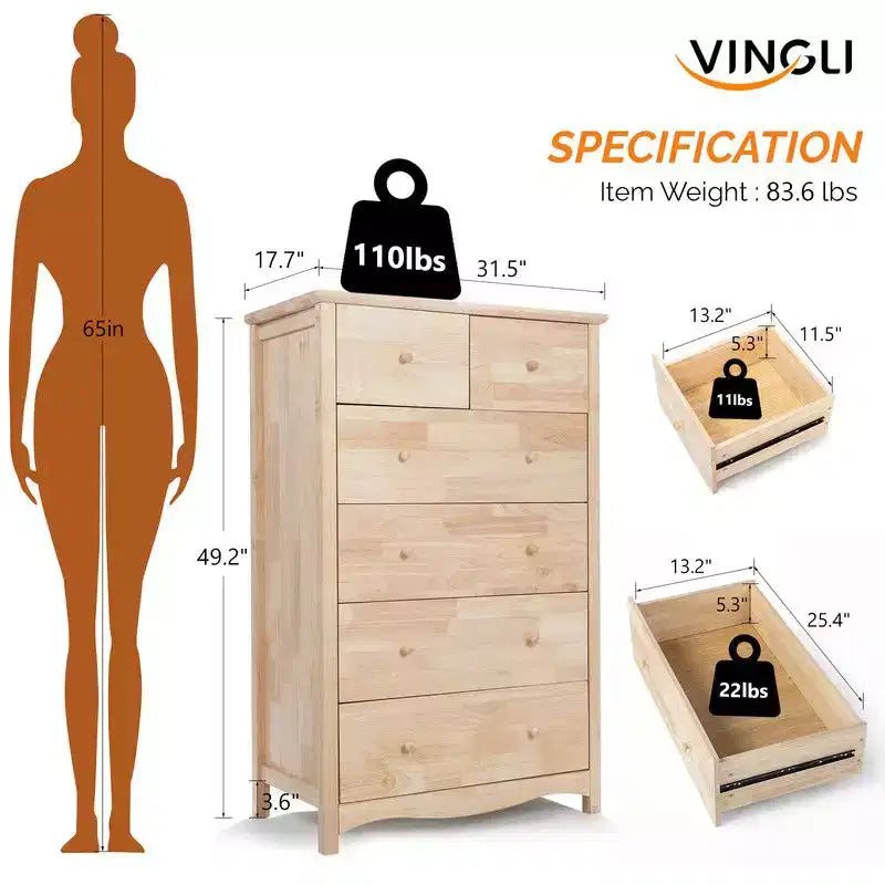 Karl Home Natural Rubberwood 6 Drawer Cabinet 1pc