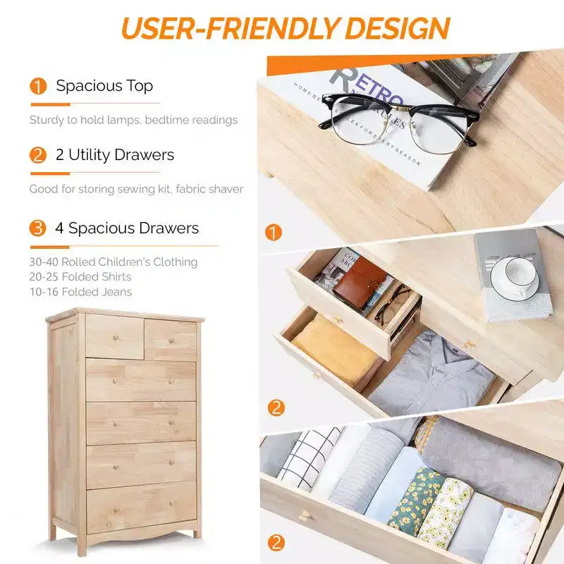 Karl Home Natural Rubberwood 6 Drawer Cabinet 1pc
