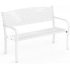 50 Weather-Resistant Metal Garden Bench, Outdoor Steel Patio Seating w/ Curved Backrest & Decorative Pattern for Porch, Yard, Park & Deck