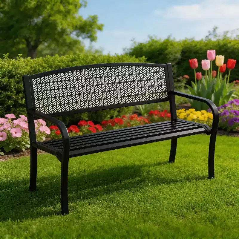 50 Weather-Resistant Metal Garden Bench, Outdoor Steel Patio Seating w/ Curved Backrest & Decorative Pattern for Porch, Yard, Park & Deck