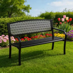 50 Weather-Resistant Metal Garden Bench, Outdoor Steel Patio Seating w/ Curved Backrest & Decorative Pattern for Porch, Yard, Park & Deck