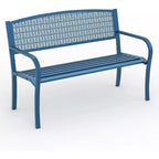 50 Weather-Resistant Metal Garden Bench, Outdoor Steel Patio Seating w/ Curved Backrest & Decorative Pattern for Porch, Yard, Park & Deck