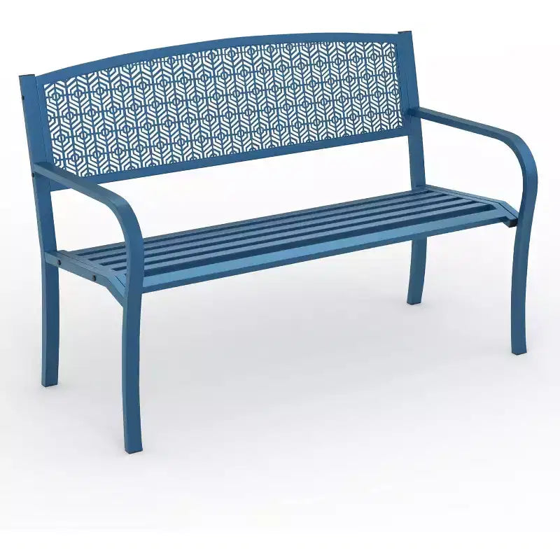 50 Weather-Resistant Metal Garden Bench, Outdoor Steel Patio Seating w/ Curved Backrest & Decorative Pattern for Porch, Yard, Park & Deck