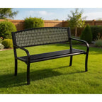 50 Weather-Resistant Metal Garden Bench, Outdoor Steel Patio Seating w/ Curved Backrest & Decorative Pattern for Porch, Yard, Park & Deck