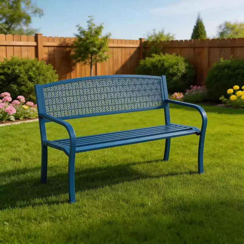 Panca da giardino in metallo da 50 pollici resistente alle intemperie, seduta da esterno in acciaio per patio con schienale curvo e motivo decorativo per portico, cortile, parco e terrazza