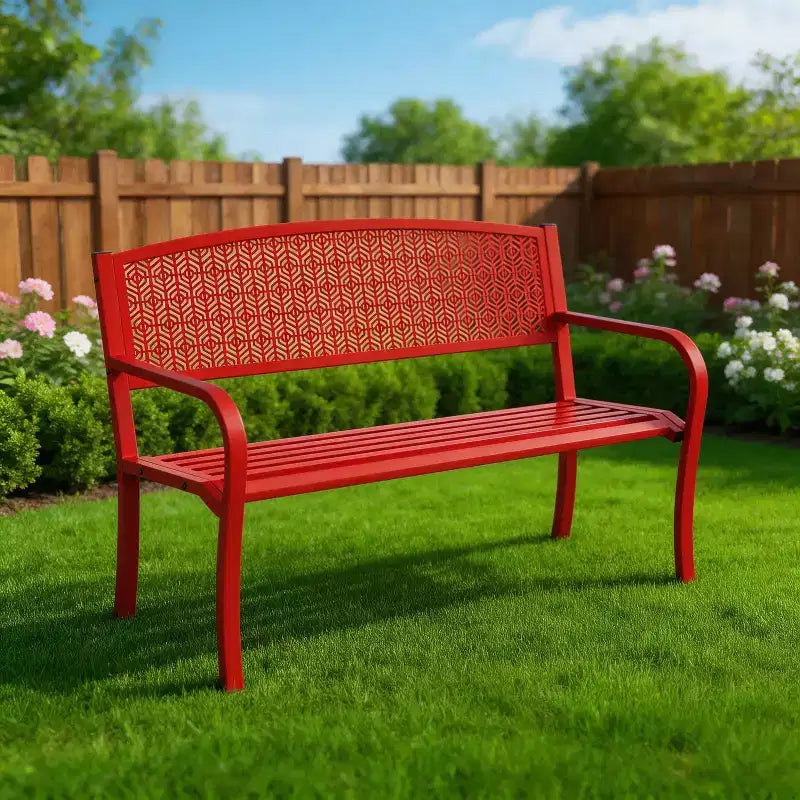 Panca da giardino in metallo da 50 pollici resistente alle intemperie, seduta da esterno in acciaio per patio con schienale curvo e motivo decorativo per portico, cortile, parco e terrazza