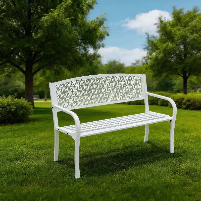 Panca da giardino in metallo da 50 pollici resistente alle intemperie, seduta da esterno in acciaio per patio con schienale curvo e motivo decorativo per portico, cortile, parco e terrazza