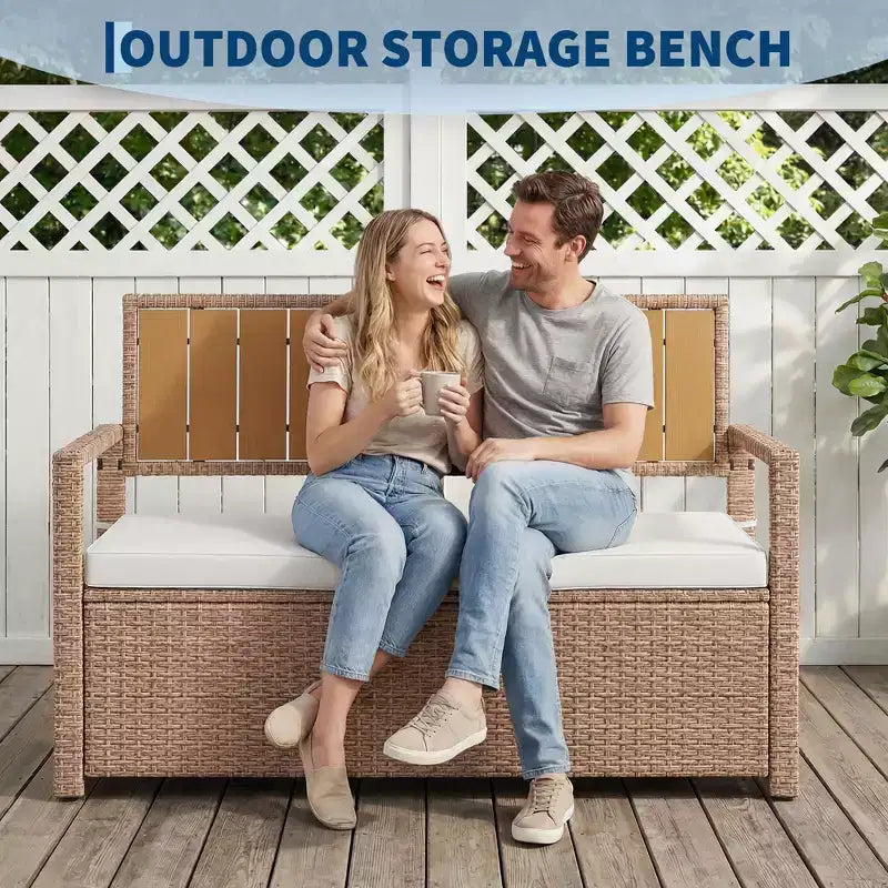 2-Person Outdoor Storage Bench with Cushion, Waterproof PE Rattan Deck Box with Backrest & Armrests, Metal Frame