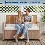2-Person Outdoor Storage Bench with Cushion, Waterproof PE Rattan Deck Box with Backrest & Armrests, Metal Frame