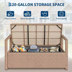 2-Person Outdoor Storage Bench with Cushion, Waterproof PE Rattan Deck Box with Backrest & Armrests, Metal Frame
