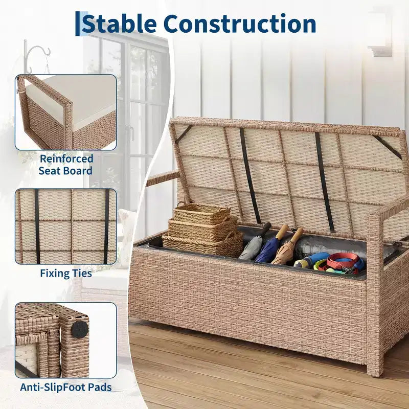2-Person Outdoor Storage Bench with Cushion, Waterproof PE Rattan Deck Box with Backrest & Armrests, Metal Frame