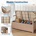 2-Person Outdoor Storage Bench with Cushion, Waterproof PE Rattan Deck Box with Backrest & Armrests, Metal Frame