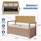 2-Person Outdoor Storage Bench with Cushion, Waterproof PE Rattan Deck Box with Backrest & Armrests, Metal Frame