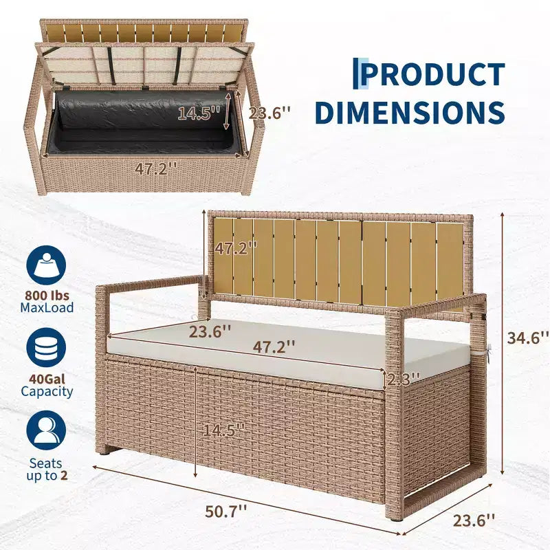 2-Person Outdoor Storage Bench with Cushion, Waterproof PE Rattan Deck Box with Backrest & Armrests, Metal Frame
