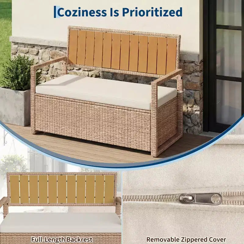 2-Person Outdoor Storage Bench with Cushion, Waterproof PE Rattan Deck Box with Backrest & Armrests, Metal Frame
