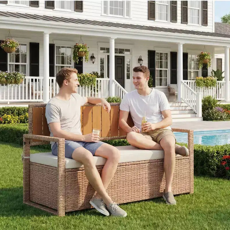 2-Person Outdoor Storage Bench with Cushion, Waterproof PE Rattan Deck Box with Backrest & Armrests, Metal Frame