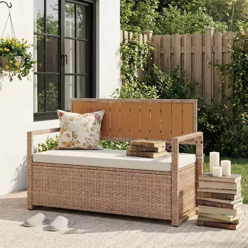 2-Person Outdoor Storage Bench with Cushion, Waterproof PE Rattan Deck Box with Backrest & Armrests, Metal Frame