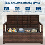 2-Person Outdoor Storage Bench with Cushion, Waterproof PE Rattan Deck Box with Backrest & Armrests, Metal Frame