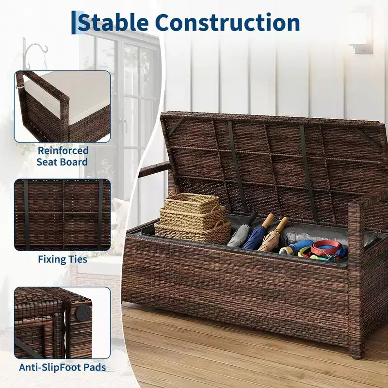 2-Person Outdoor Storage Bench with Cushion, Waterproof PE Rattan Deck Box with Backrest & Armrests, Metal Frame