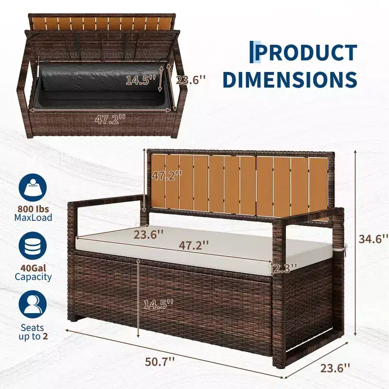 2-Person Outdoor Storage Bench with Cushion, Waterproof PE Rattan Deck Box with Backrest & Armrests, Metal Frame