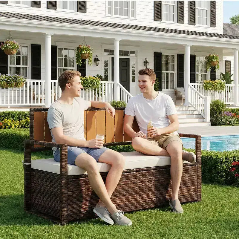 2-Person Outdoor Storage Bench with Cushion, Waterproof PE Rattan Deck Box with Backrest & Armrests, Metal Frame