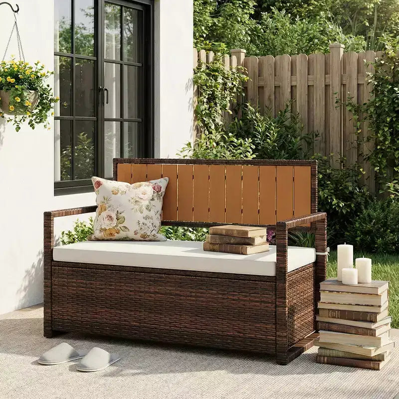 2-Person Outdoor Storage Bench with Cushion, Waterproof PE Rattan Deck Box with Backrest & Armrests, Metal Frame