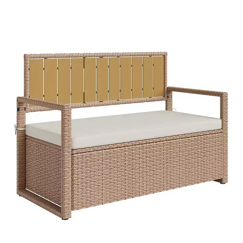 2-Person Outdoor Storage Bench with Cushion, Waterproof PE Rattan Deck Box with Backrest & Armrests, Metal Frame