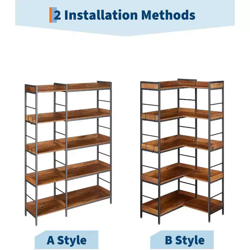 Scaffale angolare a 5 ripiani, libreria industriale a forma di L con ripiani, scaffale angolare autoportante per soggiorno, camera da letto, ufficio domestico