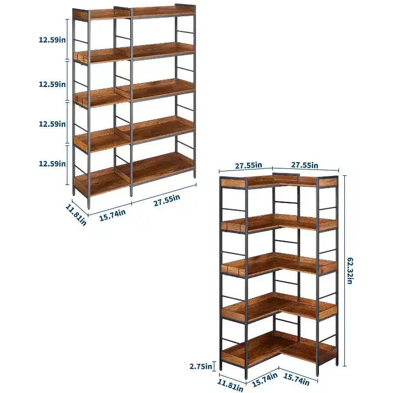 Scaffale angolare a 5 ripiani, libreria industriale a forma di L con ripiani, scaffale angolare autoportante per soggiorno, camera da letto, ufficio domestico